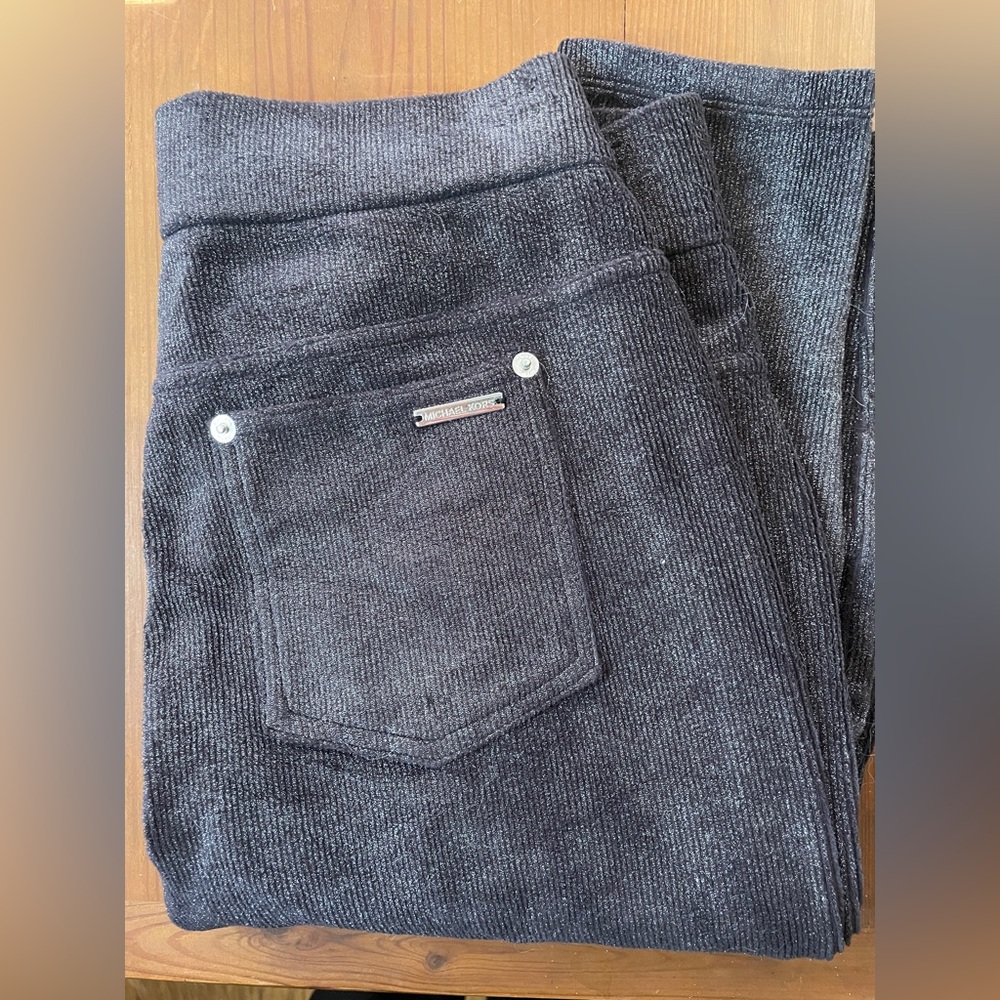 Black shiny straight pants with stretch and elastic waist